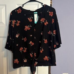 Lush Black Crop Blouse with Red Floral Design
